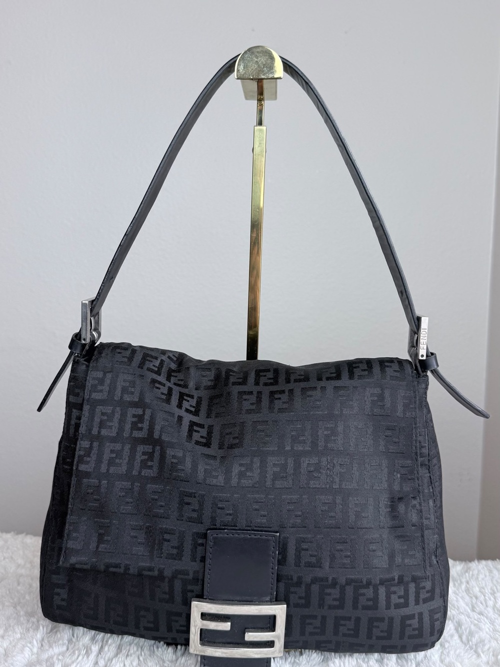 Fendi Mama Hobo Black FF Logo Canvas Baguette Shoulder Bag